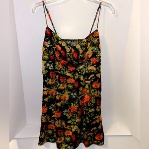 Urban Outfitters black floral satin Petra mini‎ dress, ruched back size Large